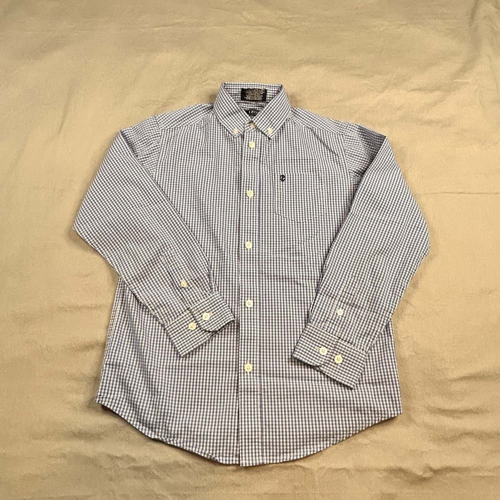 IZOD Boys Button Down Shirt Cotton Blue White Plaid Long Sleeve Size (10/12)